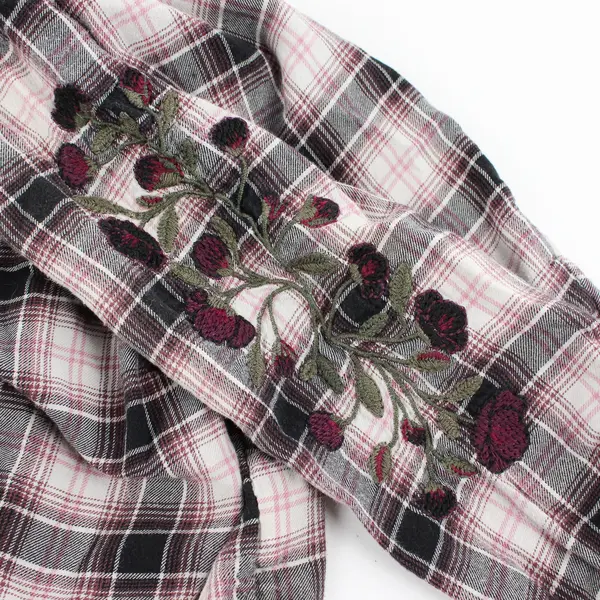 Terra & Sky Embroidered Purple Black & White Plaid Button-Up Women's 2X 20W-22W