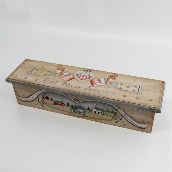 Hand Painted Wooden Hinged Box God Bless America Pattern 4" x 17"