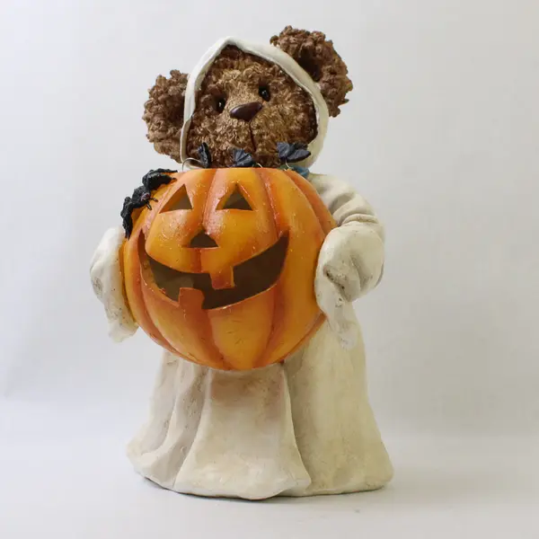 Vintage Resin Halloween Teddy Bear Ghost w/ Jack-O-Lantern & Bats - No Light