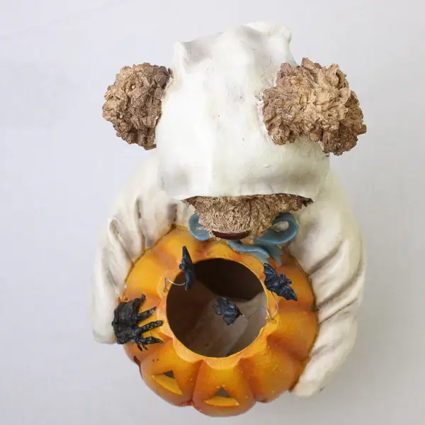 Vintage Resin Halloween Teddy Bear Ghost w/ Jack-O-Lantern & Bats - No Light