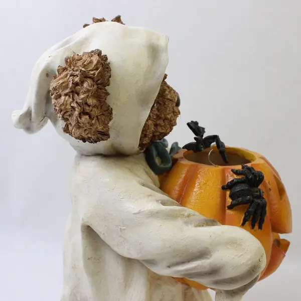 Vintage Resin Halloween Teddy Bear Ghost w/ Jack-O-Lantern & Bats - No Light