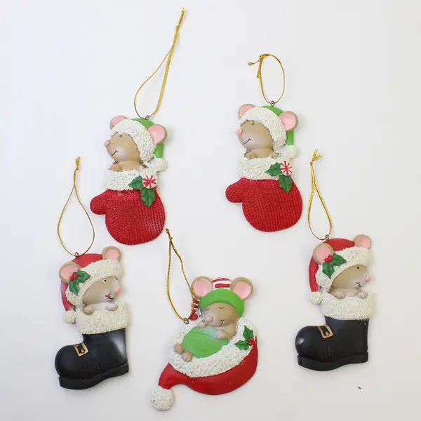 Lot of 5 Mice Christmas Ornaments - 2 Mittens, 2 Boots, 1 Santa Hat