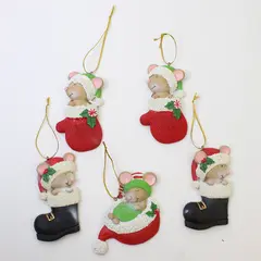 Lot of 5 Mice Christmas Ornaments - 2 Mittens, 2 Boots, 1 Santa Hat