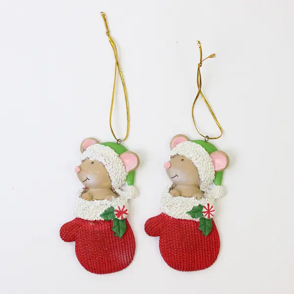 Lot of 5 Mice Christmas Ornaments - 2 Mittens, 2 Boots, 1 Santa Hat