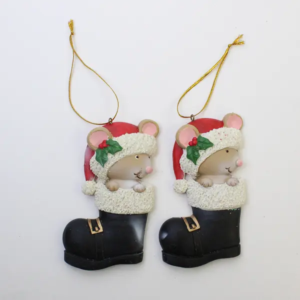 Lot of 5 Mice Christmas Ornaments - 2 Mittens, 2 Boots, 1 Santa Hat