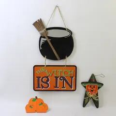 Halloween 3pc Sign Set The Witch Is In + 2 Pumpkin Wall Decor Vintage