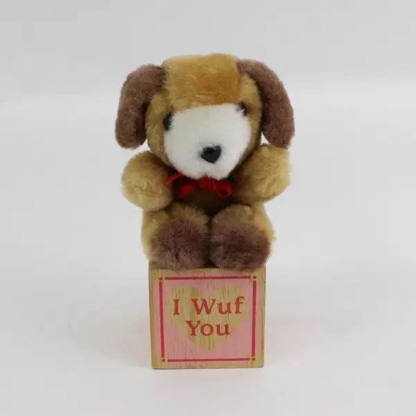Vintage 1980's  C.M. Paula Co I WUF YOU Plush Puppy on Wooden Block