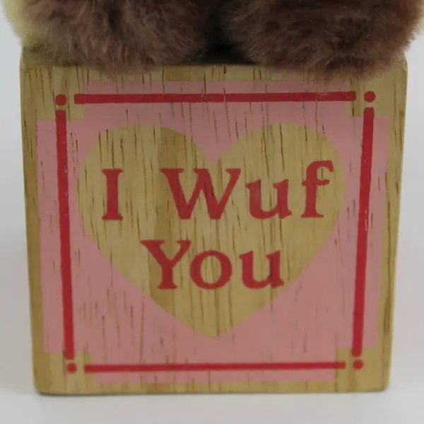 Vintage 1980's  C.M. Paula Co I WUF YOU Plush Puppy on Wooden Block