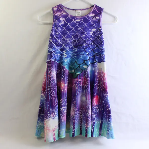 Purple Pink & Blue Mermaid Scale Print A-Line Dress Girls' Medium