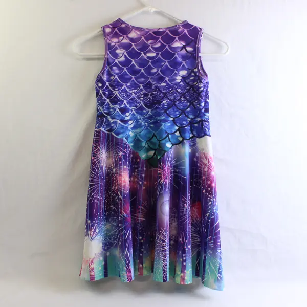 Purple Pink & Blue Mermaid Scale Print A-Line Dress Girls' Medium