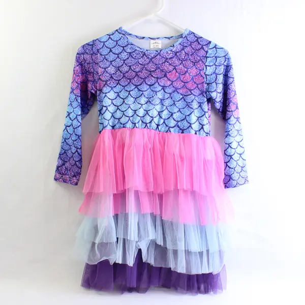Blue Pink & Purple Mermaid Scale Print Long-Sleeved Tutu Dress Girls' 7-8Y