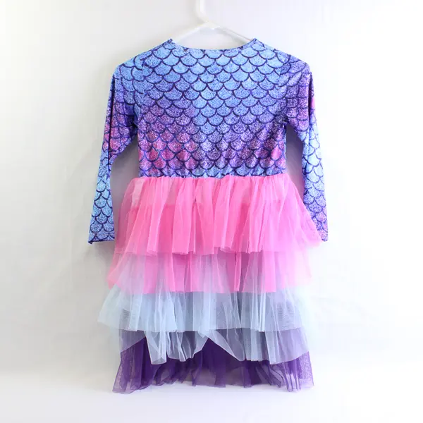 Blue Pink & Purple Mermaid Scale Print Long-Sleeved Tutu Dress Girls' 7-8Y