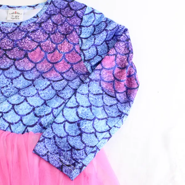 Blue Pink & Purple Mermaid Scale Print Long-Sleeved Tutu Dress Girls' 7-8Y