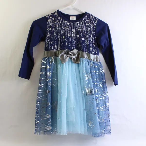 Star & Snowflake Print Blue and Silver Long-Sleeved Tutu Dress Girls' 7-8Y