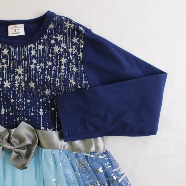 Star & Snowflake Print Blue and Silver Long-Sleeved Tutu Dress Girls' 7-8Y