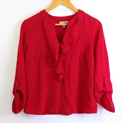 Monteau Los Angeles Women's L Red Ruffle V-Neck Roll Tab Sleeve Blouse