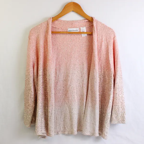 Alfred Dunner Women’s M Pink Shimmer Sequin Long Sleeve Open Front Cardigan