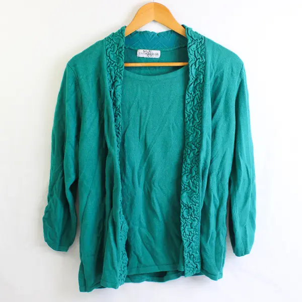Sag Harbor Women’s M Teal Embellished Collar - Shirt/Cardigan Set