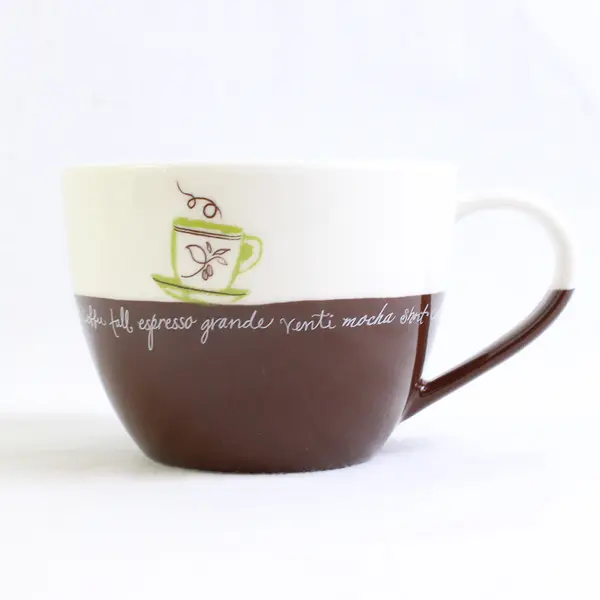 2007 Starbucks Mug with Writing Across Brown and White 13 fl oz.