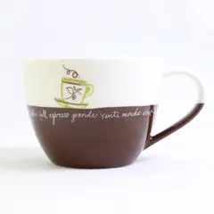 2007 Starbucks Mug with Writing Across Brown and White 13 fl oz.