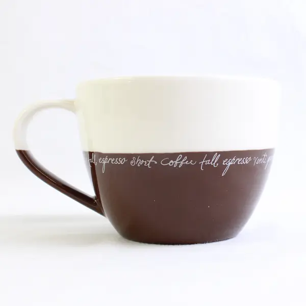 2007 Starbucks Mug with Writing Across Brown and White 13 fl oz.