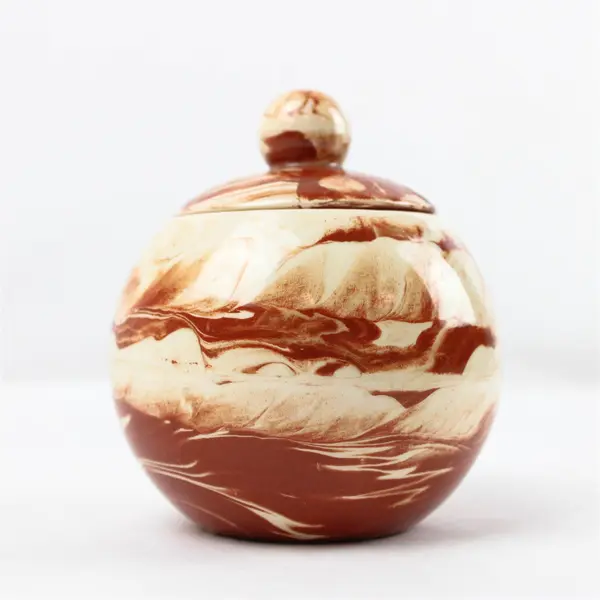 Vintage Alaskan Clay Lidded Ceramic Pot Swirled Marbling Signed Cardi