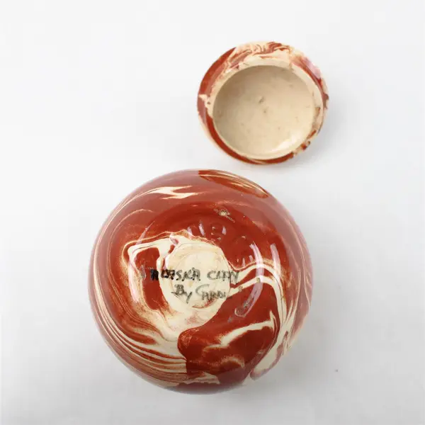 Vintage Alaskan Clay Lidded Ceramic Pot Swirled Marbling Signed Cardi