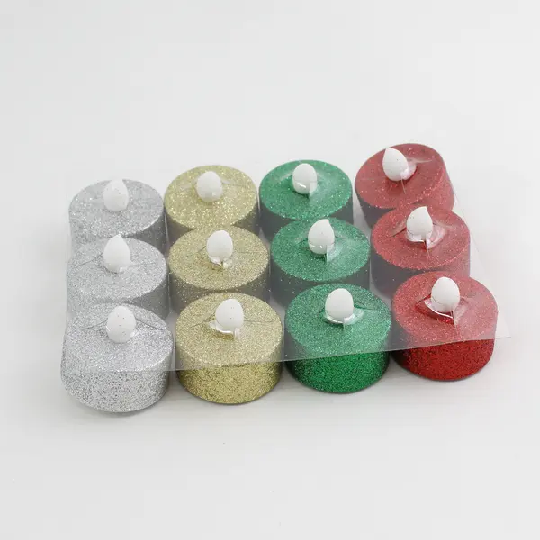 Lot of 12 Glittery Battery Operated Flameless Tea Lights Red Gold Green Silver