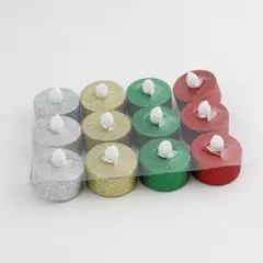 Lot of 12 Glittery Battery Operated Flameless Tea Lights Red Gold Green Silver