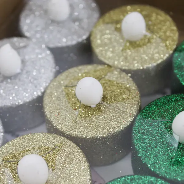 Lot of 12 Glittery Battery Operated Flameless Tea Lights Red Gold Green Silver