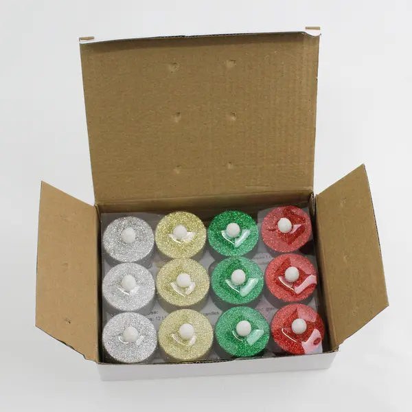 Lot of 12 Glittery Battery Operated Flameless Tea Lights Red Gold Green Silver