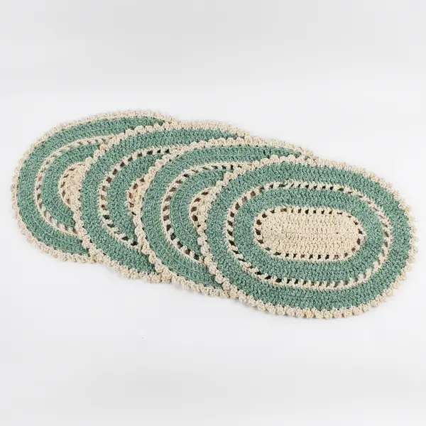 Vtg Lot of 4 Handmade Place Mats Green and Beige Oval Shaped