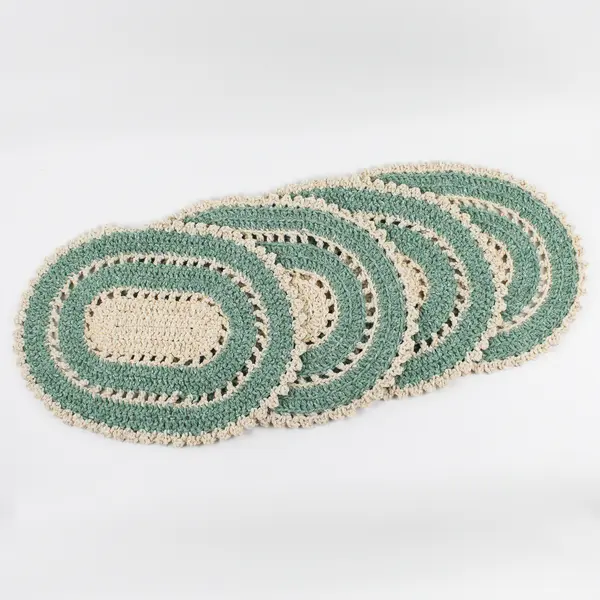 Vtg Lot of 4 Handmade Place Mats Green and Beige Oval Shaped