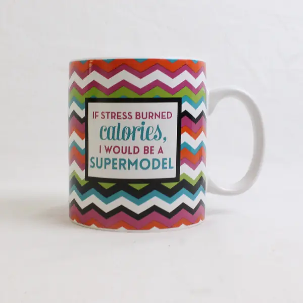 Clay Art "If Stress Burned Calories" Multicolor Chevron Ceramic Coffee/Tea Mug