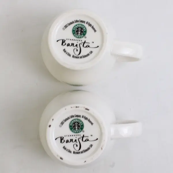 Lot Of 2 Starbucks White/Green Ceramic Barista Espresso Coffee Mugs 2003 3"