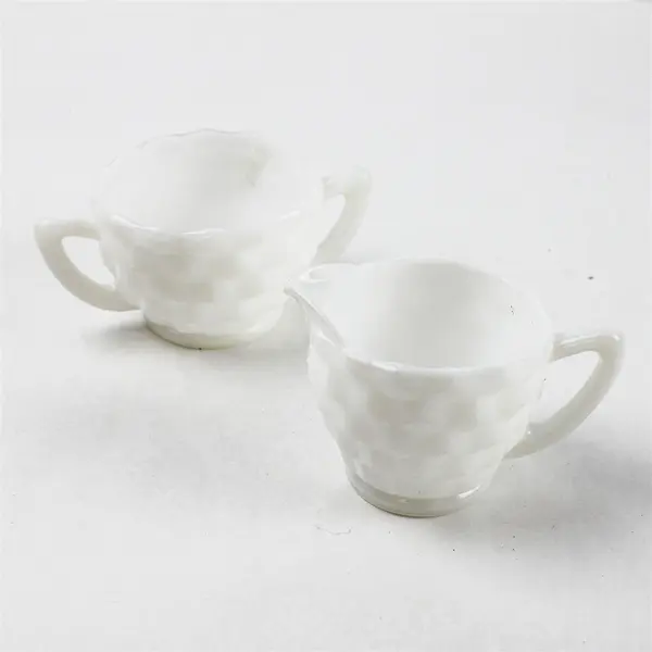 Hazel Atlas Vintage Cubist White Milk Glass Sugar & Creamer Set Mid Century