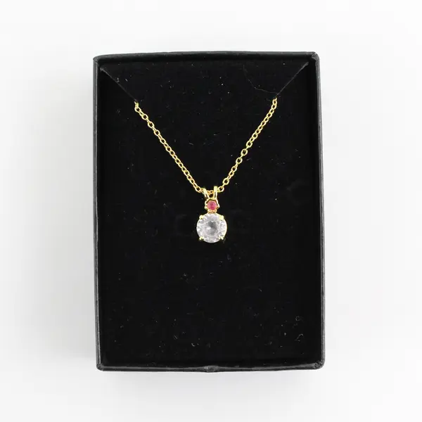 Van Doran Ruby And Rhinestone Pendant Necklace With 18” Gold Tone Chain