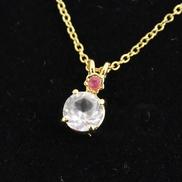 Van Doran Ruby And Rhinestone Pendant Necklace With 18” Gold Tone Chain