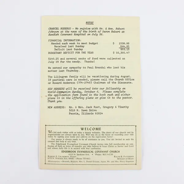 Edgebrook Evangelical Covenant Church Chicago Illinois Pamphlet August 1970