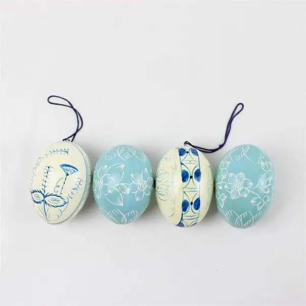 Lot of 4 Blown Eggs Blue & White Decorated Easter Decor
