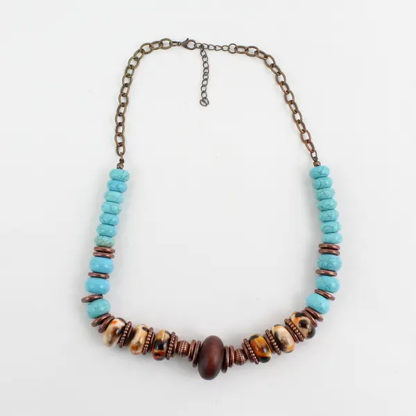 Handmade Turquoise Bronze And Glass Bead Strand Necklace 21-23.5"