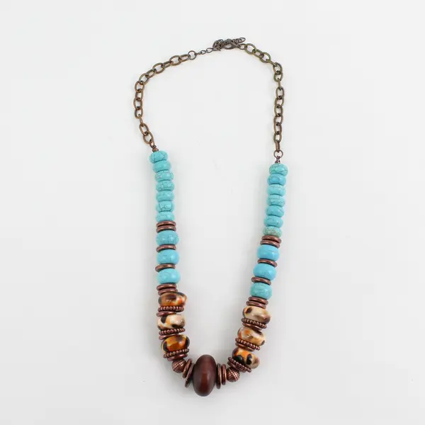 Handmade Turquoise Bronze And Glass Bead Strand Necklace 21-23.5"