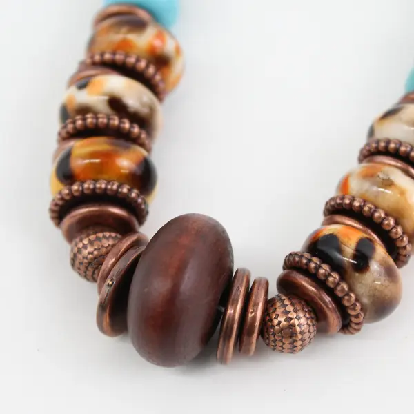 Handmade Turquoise Bronze And Glass Bead Strand Necklace 21-23.5"