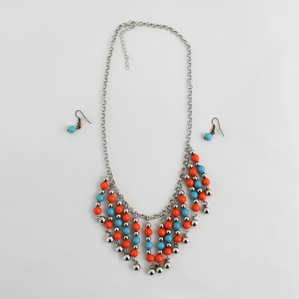 Handcrafted Turquoise, Silver Tone And Orange Bead Necklace With Earrings