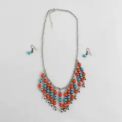 Handcrafted Turquoise, Silver Tone And Orange Bead Necklace With Earrings