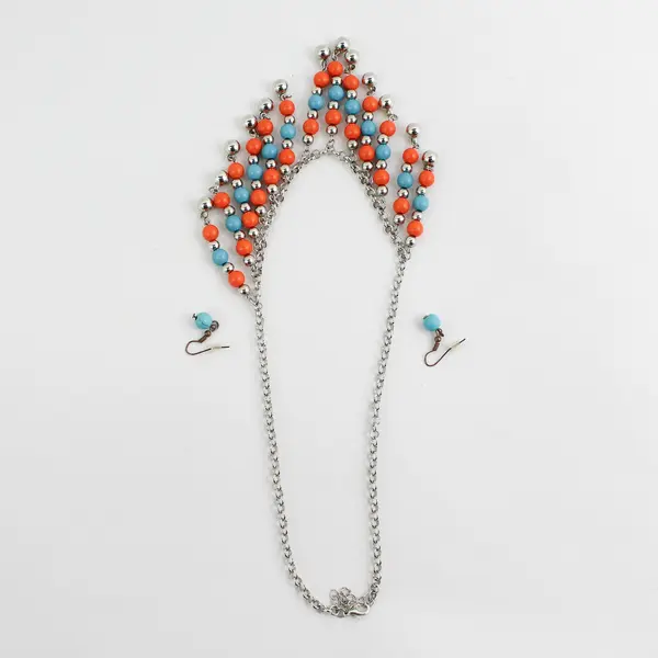 Handcrafted Turquoise, Silver Tone And Orange Bead Necklace With Earrings