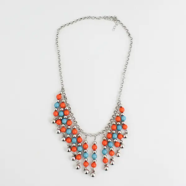 Handcrafted Turquoise, Silver Tone And Orange Bead Necklace With Earrings