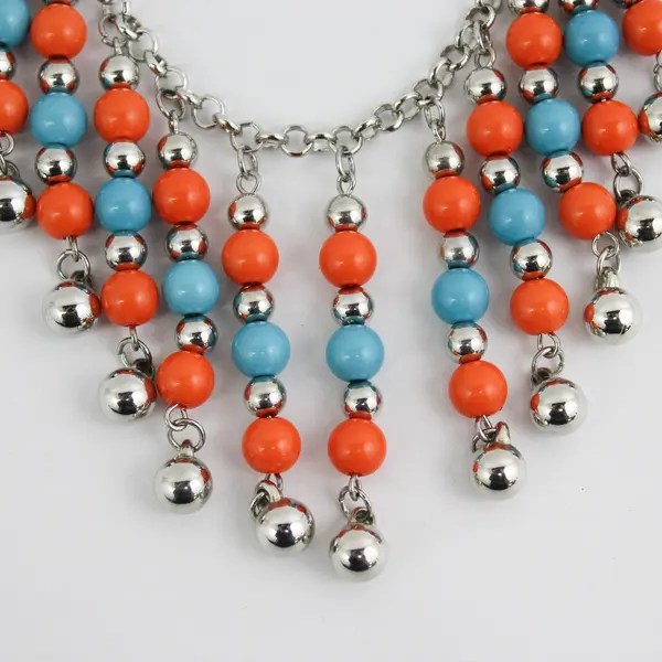 Handcrafted Turquoise, Silver Tone And Orange Bead Necklace With Earrings