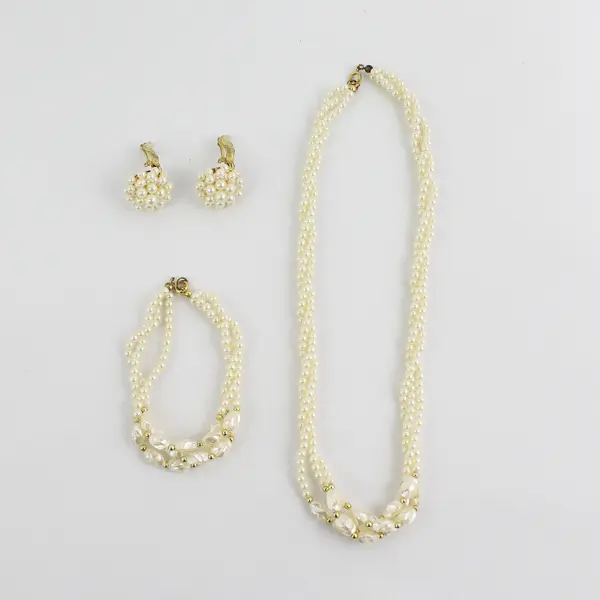Triple Braided Strand Cultured Pearl Necklace Bracelet and Clip On Earrings