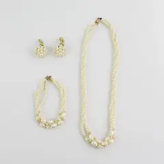 Triple Braided Strand Cultured Pearl Necklace Bracelet and Clip On Earrings